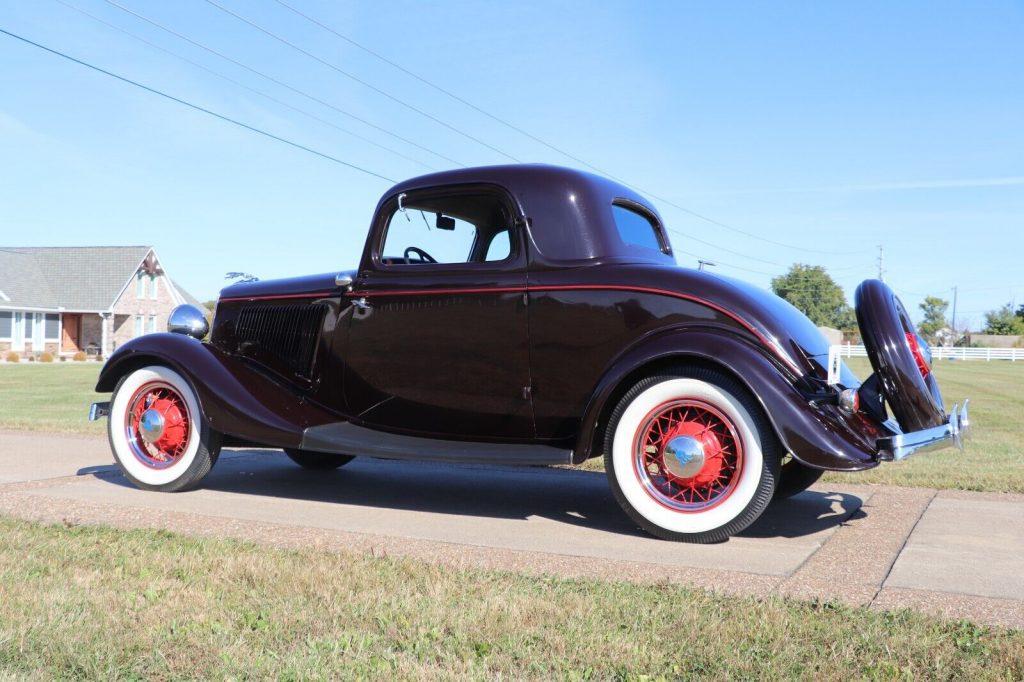1934 Ford 3 Window Steel Body Coupe Burgundy with Tan Interior